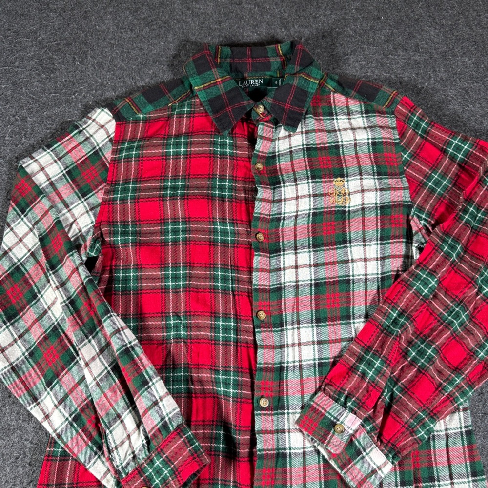 Lauren Ralph Lauren Mixed Plaid Patchwork Flannel Shirt Dress Red Green Small - Picture 2 of 11